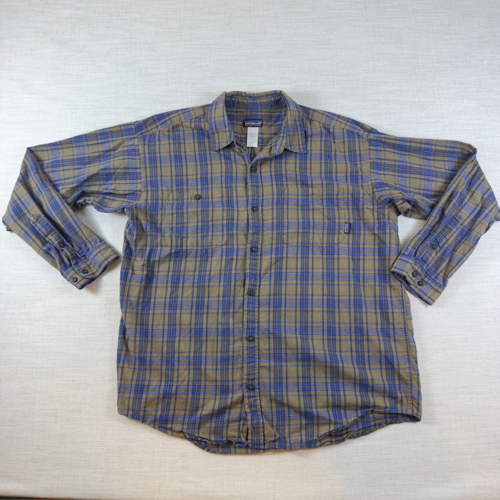 Patagonia Mens Organic Cotton Plaid Button Up Shirt Tan Blue Large L/S Pocket